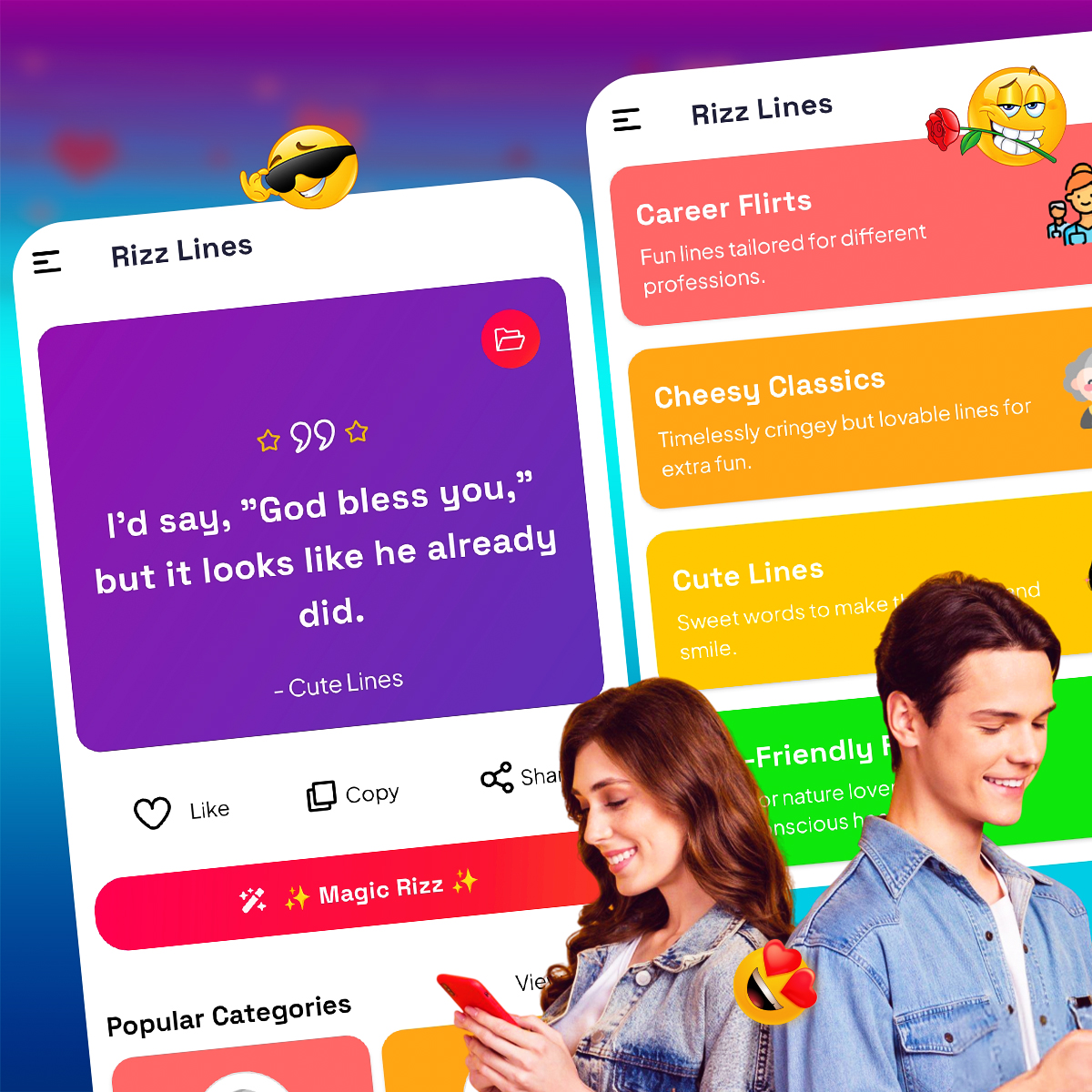 Rizz Lines app preview with pickup lines UI